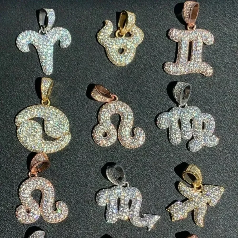 Real 925 Vermeil Gold Zodiac Sign Iced Out Pendant - Picture 1 of 6